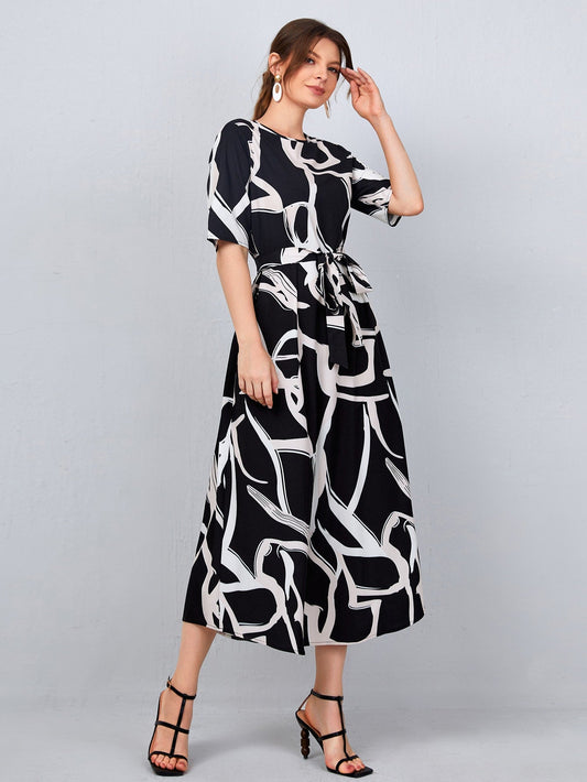 All Over Print Belted Short Sleeve Round Neck Flared Natural Long Dress